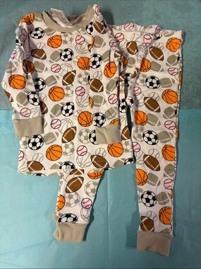 Kids Sports Print Pajama Set - White with Orange & Tan Balls 24mth. Never worn